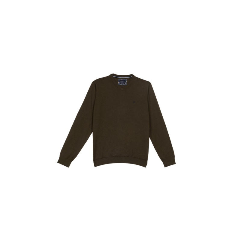 Pull col V coton et cachemire kaki CAMBRIDGE LEGEND - 1